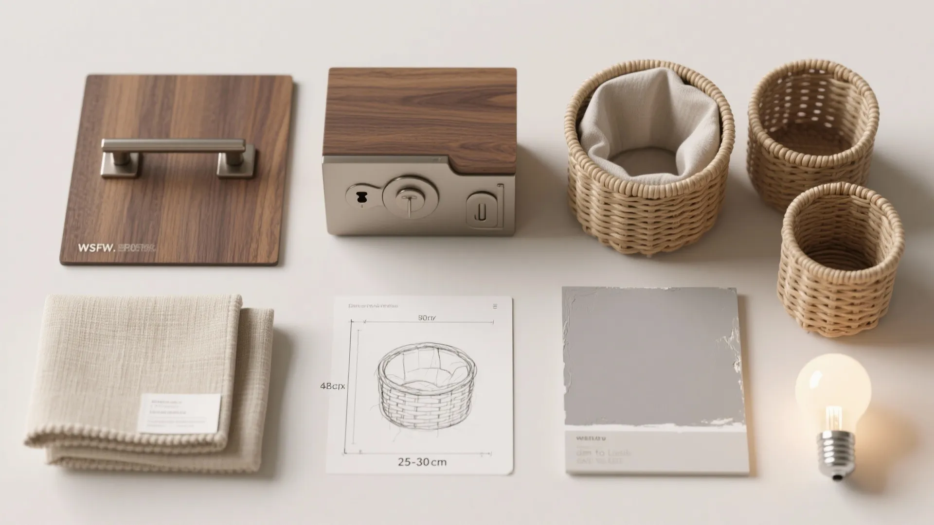 Interior design materials flatlay featuring wood samples woven baskets fabric swatches and a light bulb