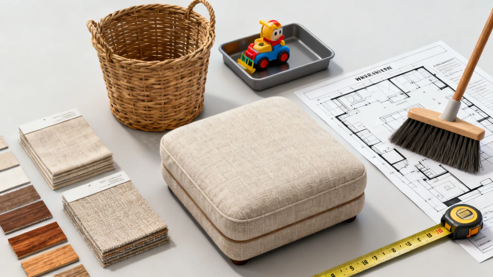 Flatlay of fabric swatches, wood samples, baskets and measuring tape for planning toy storage