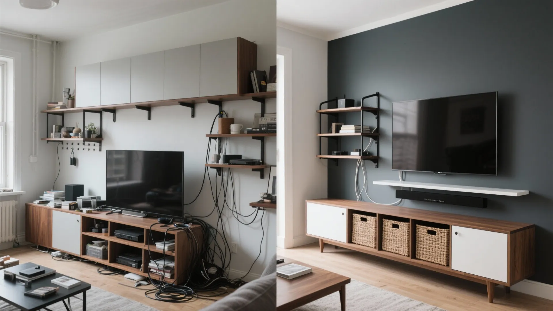 Before and after comparison of messy living room entertainment center and organized clean media console