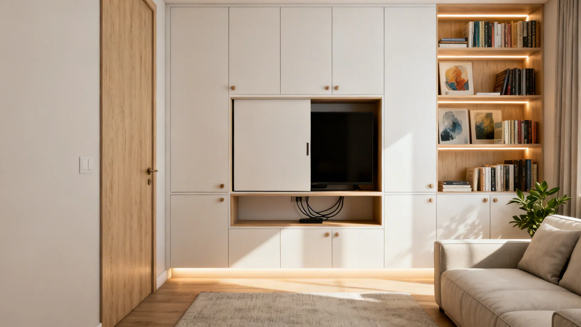 Large white cabinet with bookshelves, a sliding door for the television, and a small plant