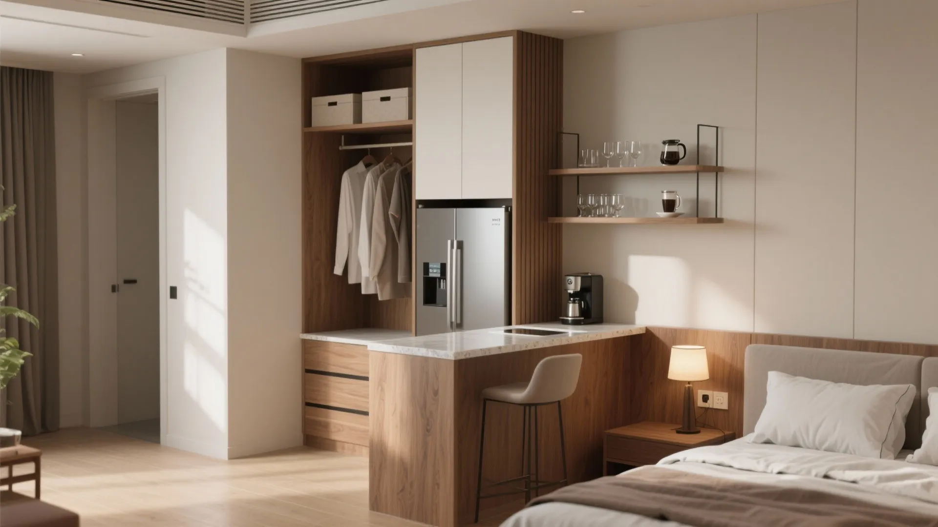 Modern studio apartment featuring a functional kitchenette with wooden cabinets and integrated refrigerator next to bed