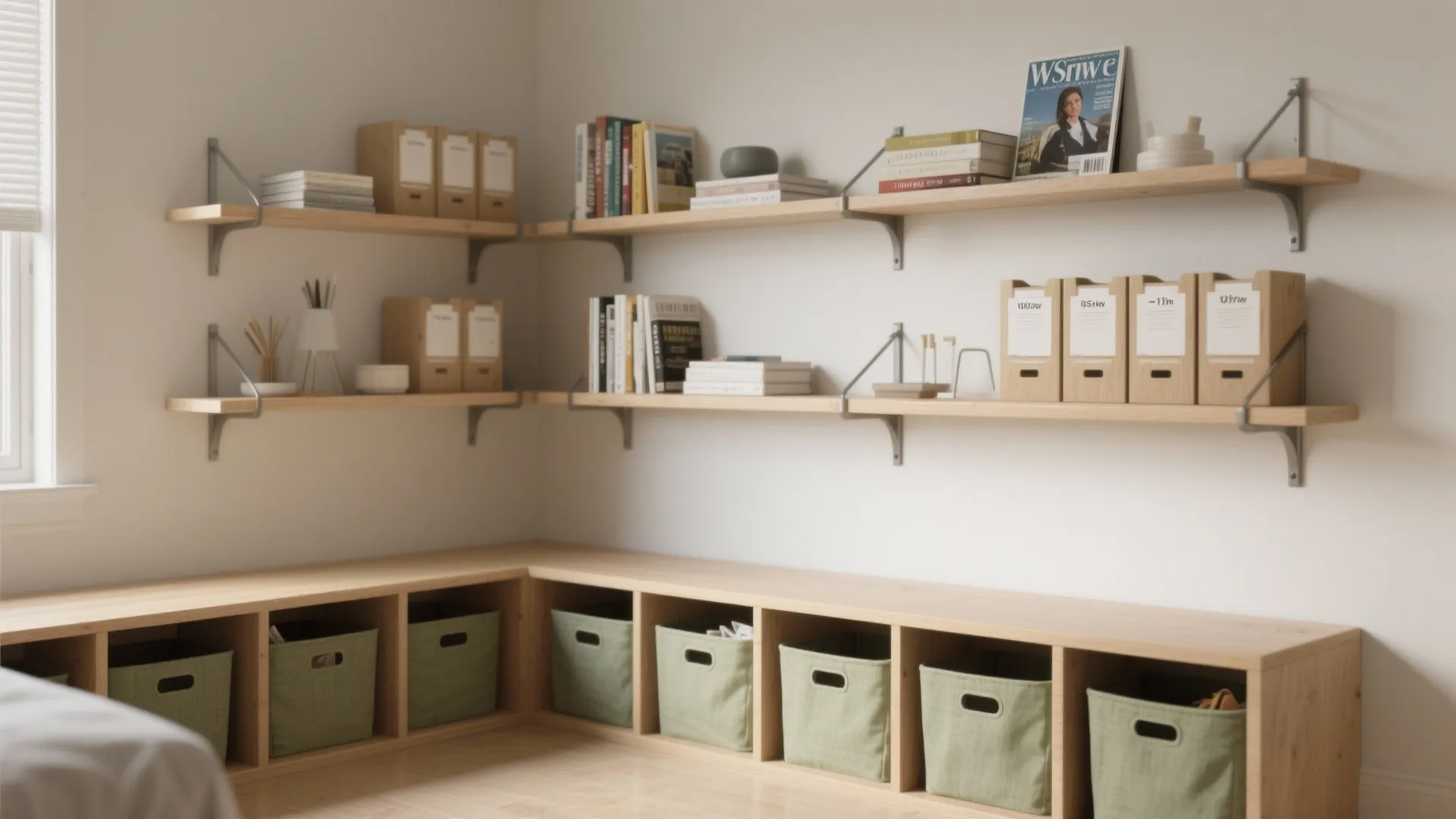 Corner wall shelves with books and boxes above wooden floor cabinet with green storage bins