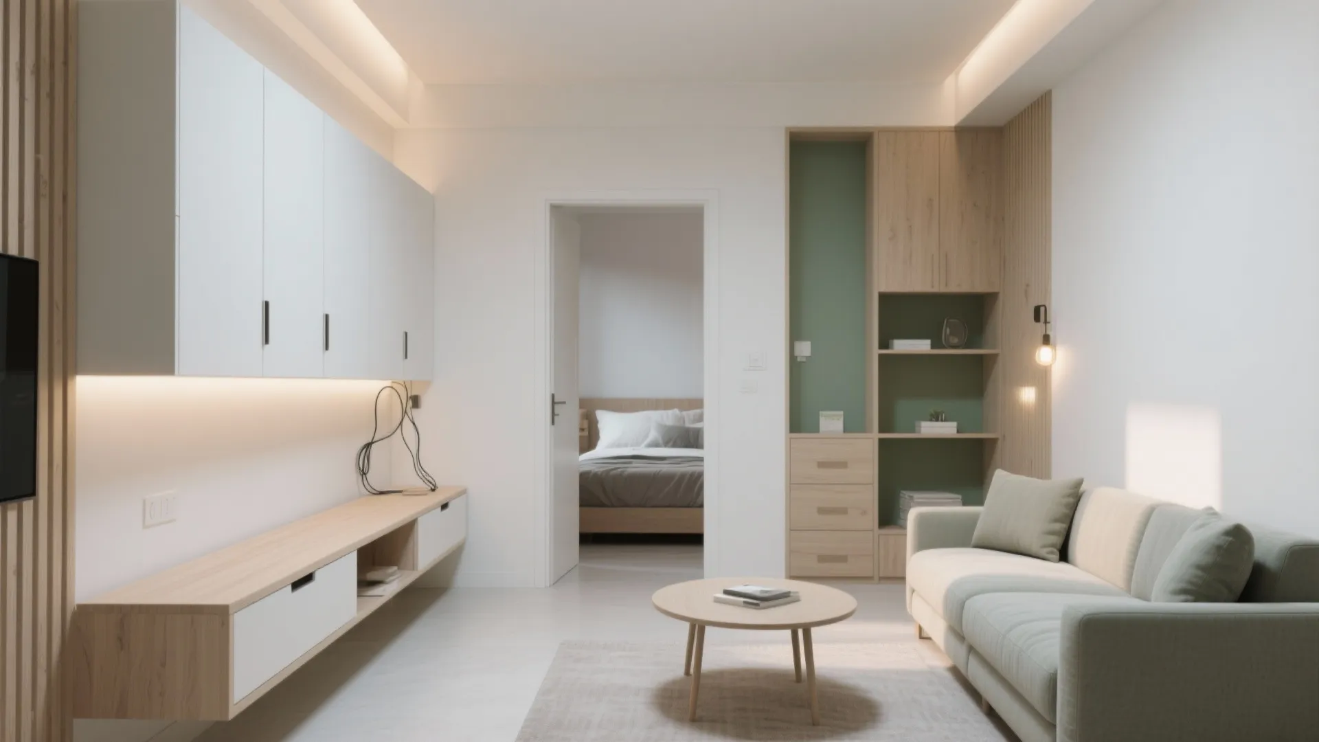 Modern living room featuring light green sofa round wood coffee table and white storage cabinets