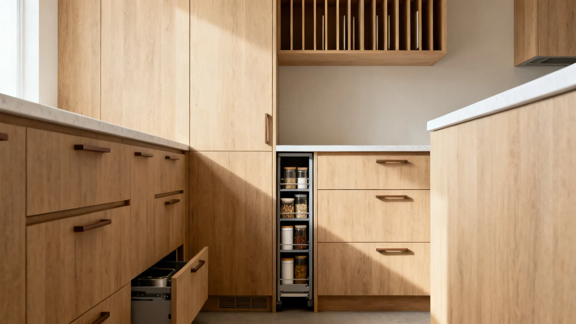Small kitchen with light wood cabinets, toe-kick drawers, slim pull-out pantry, and clean surfaces.