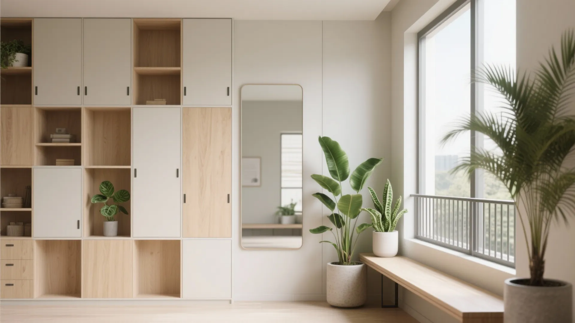 Storage walls, mirrors, and balcony micro-garden