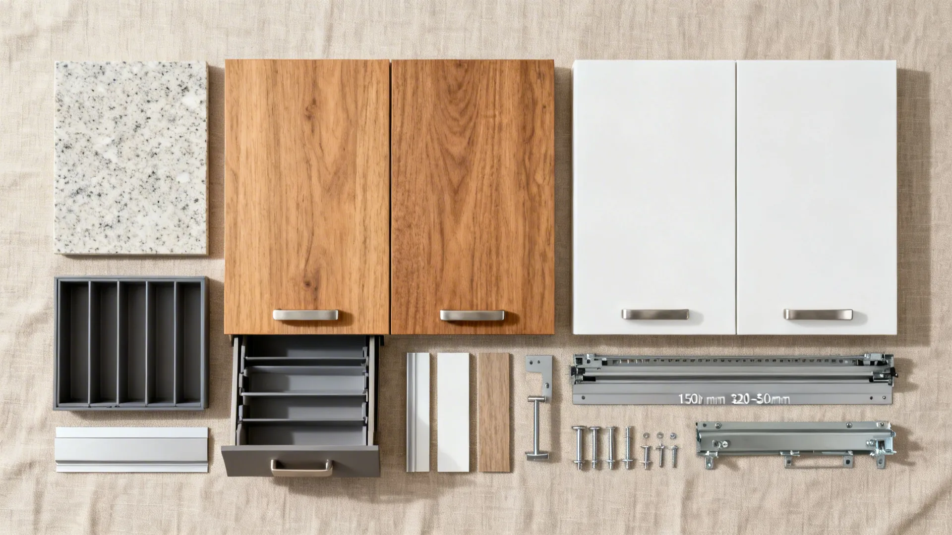 Flat-lay of cabinet modules, pull-outs, and finishes for compact kitchen storage.