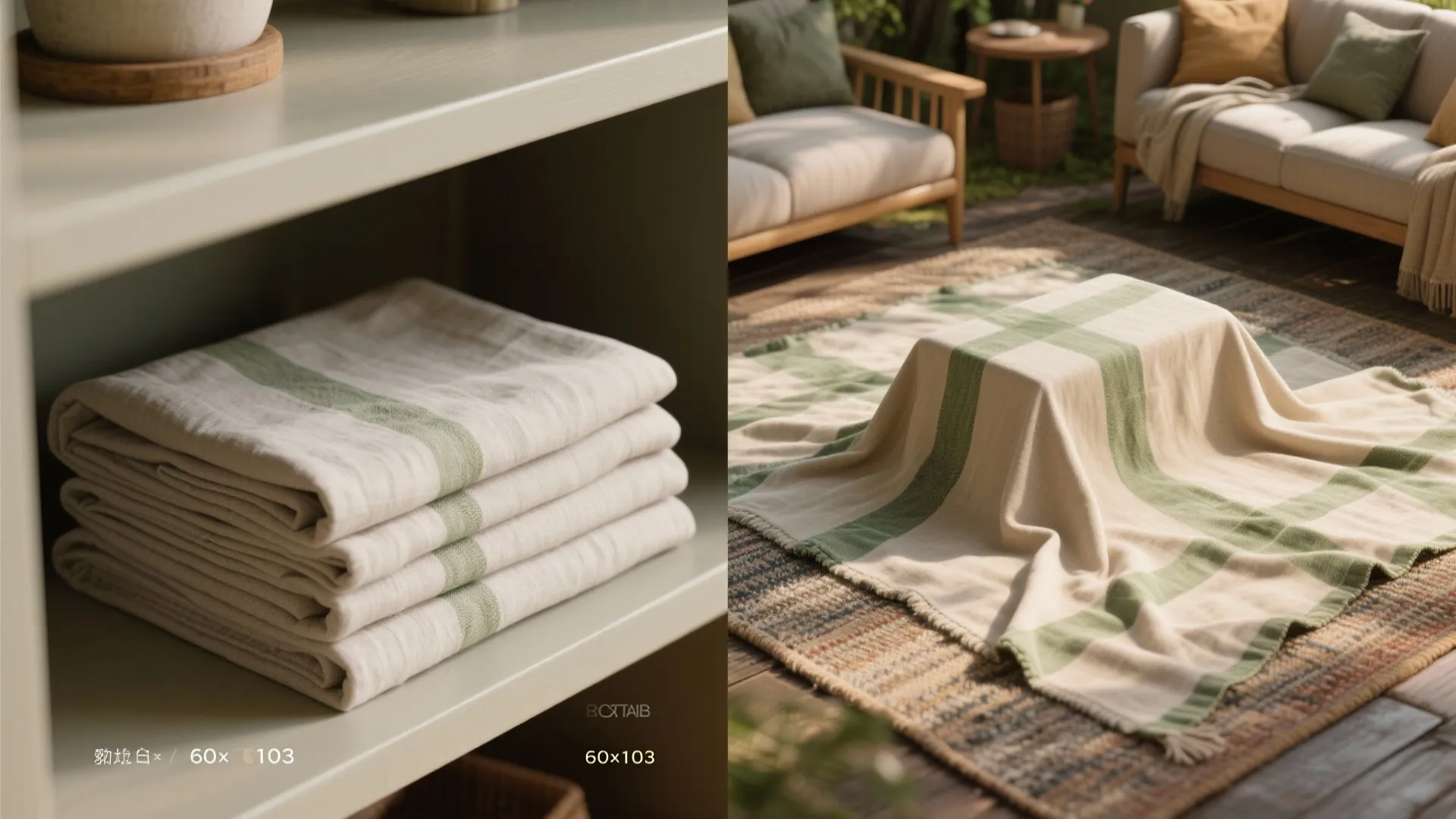 Folded striped fabric on shelf beside an outdoor living space with a sofa and rug
