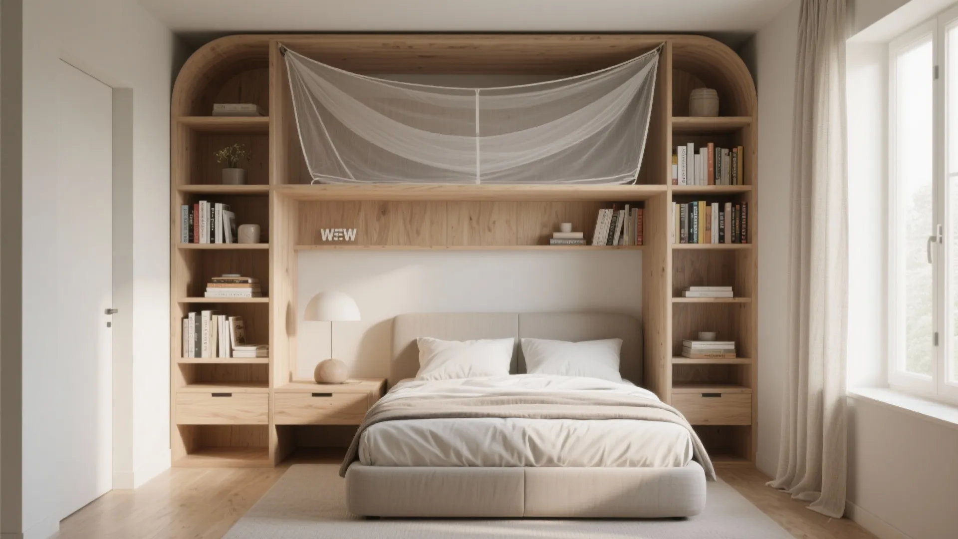 Mosquito net built into over-bed bookshelf in small room
