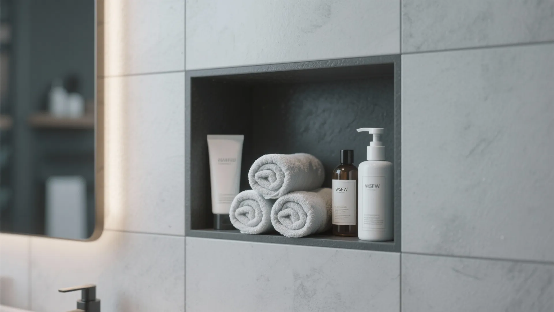 Modern bathroom wall storage niche with white towels and toiletries on grey stone tile wall