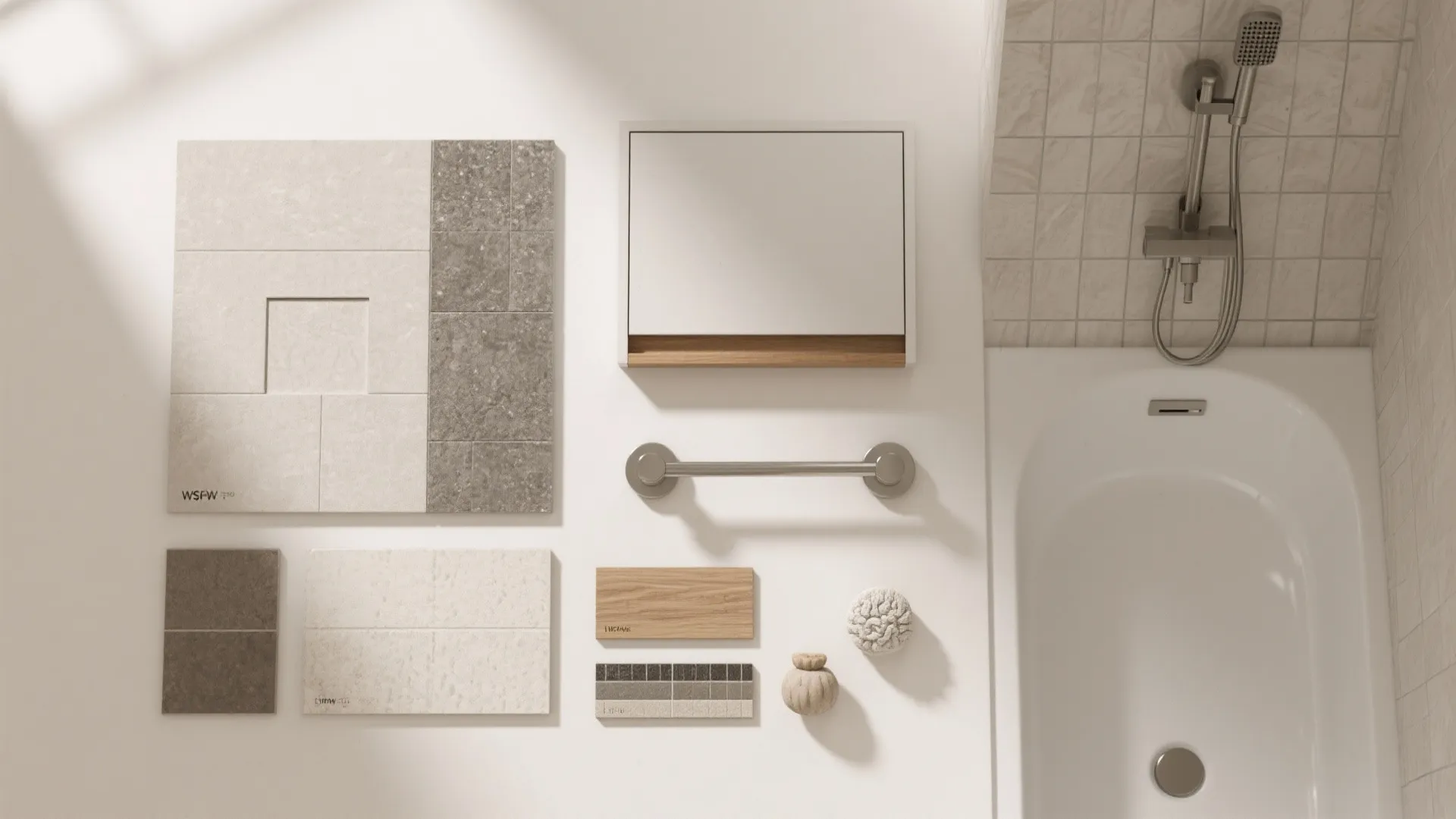 Interior design mood board showing bathroom wall tiles cabinet samples metal handle and white bathtub