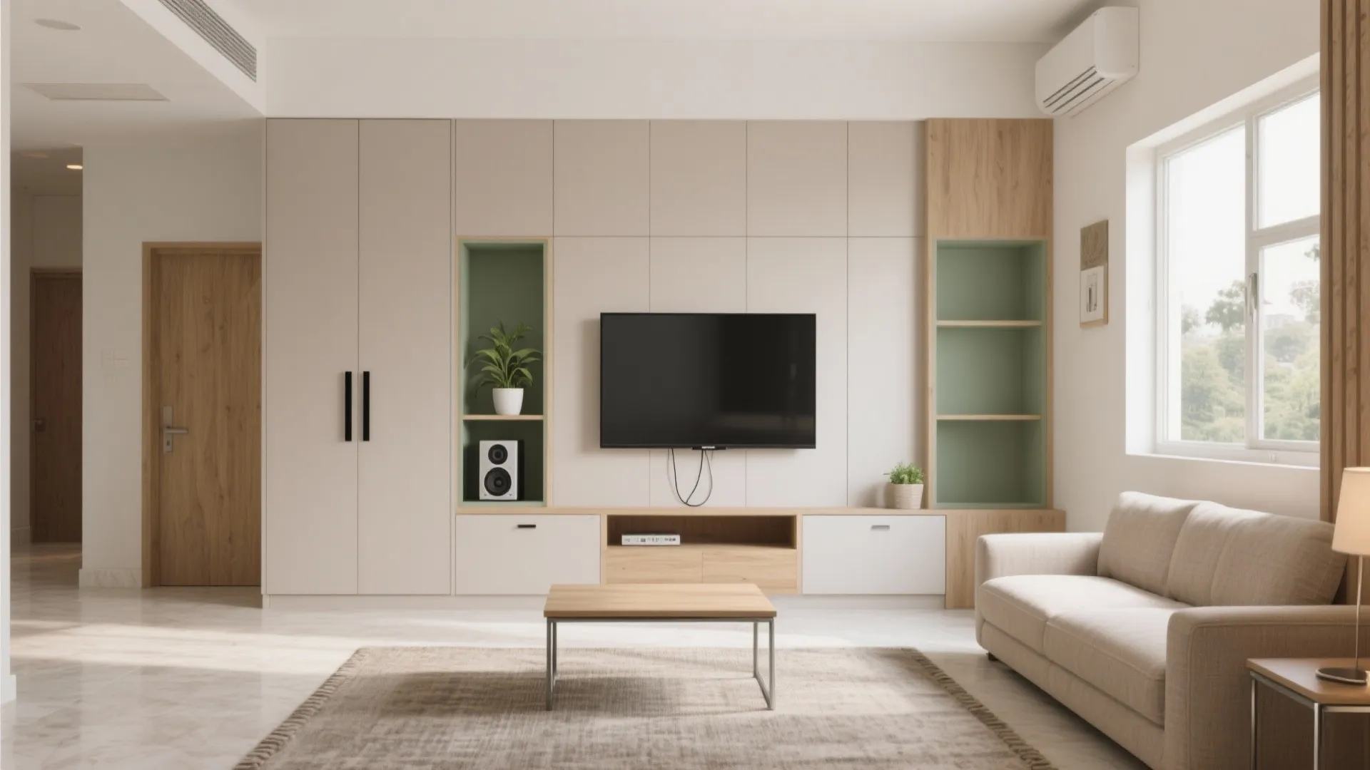 Modern living room with large wall cabinet, TV, beige sofa, wooden coffee table, and rug