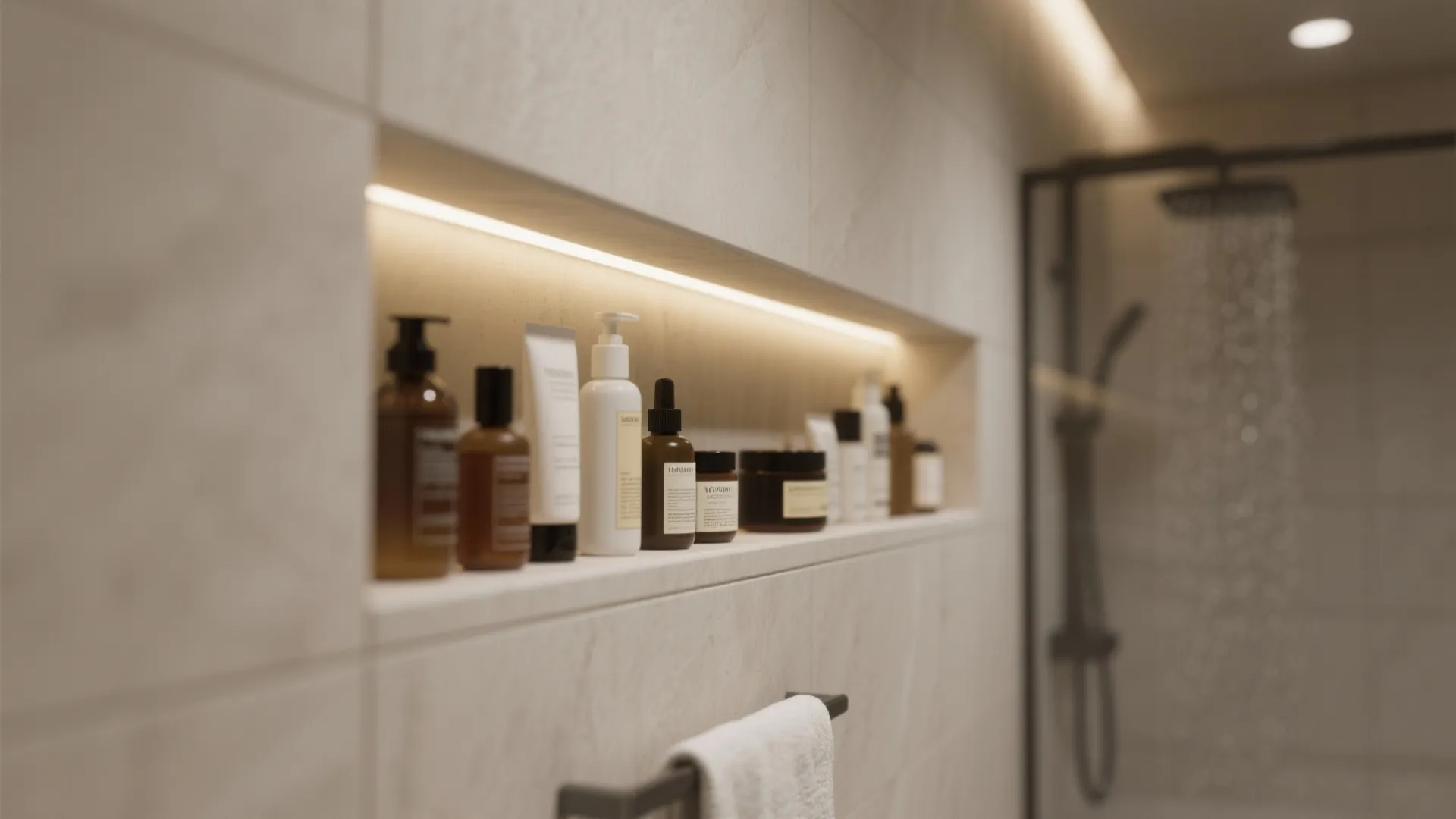 Shower wall storage shelf with built in light fixture holding various bottles and skincare products clearly