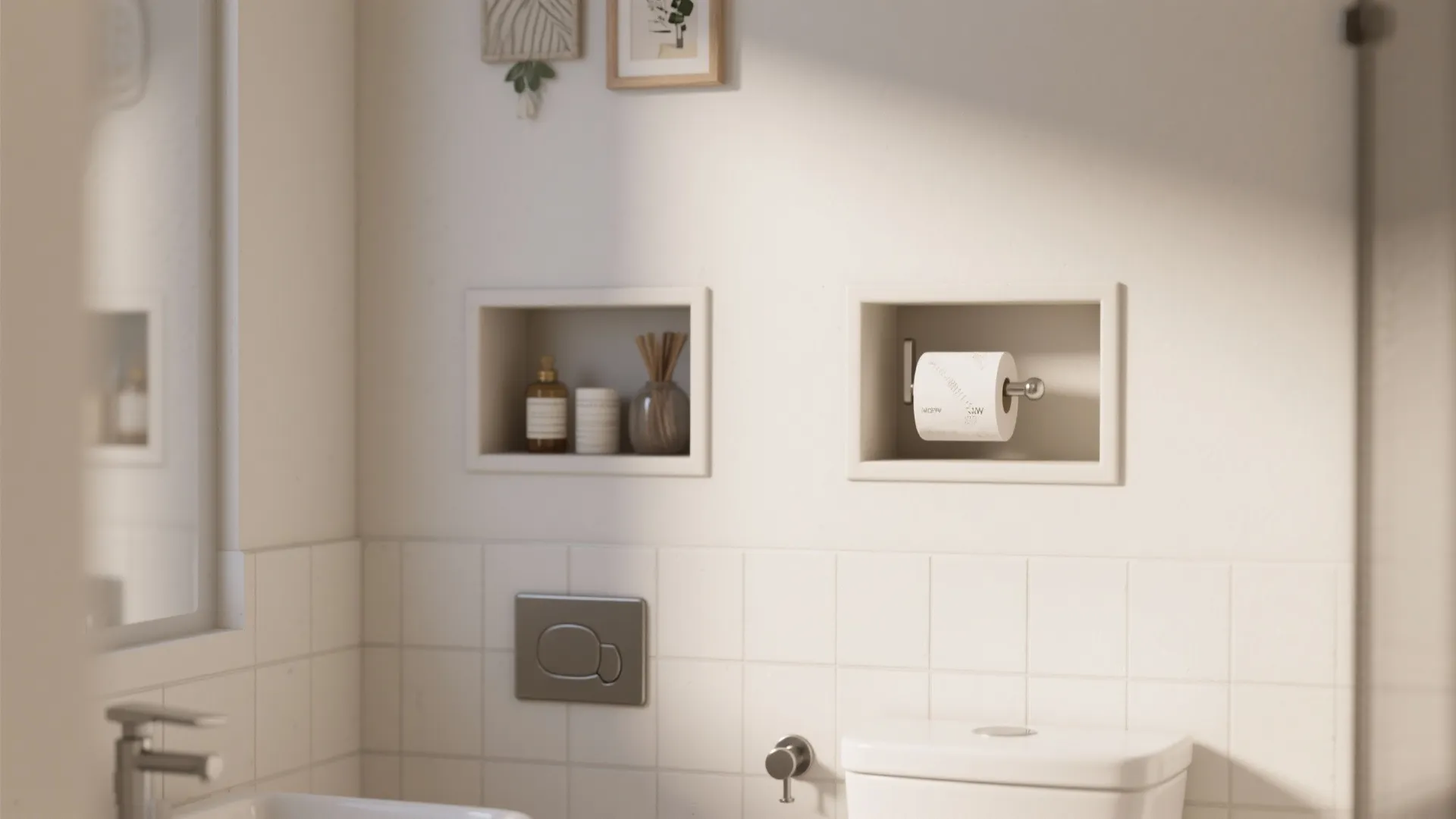 White bathroom wall with two square recessed shelves for storage and a toilet paper holder