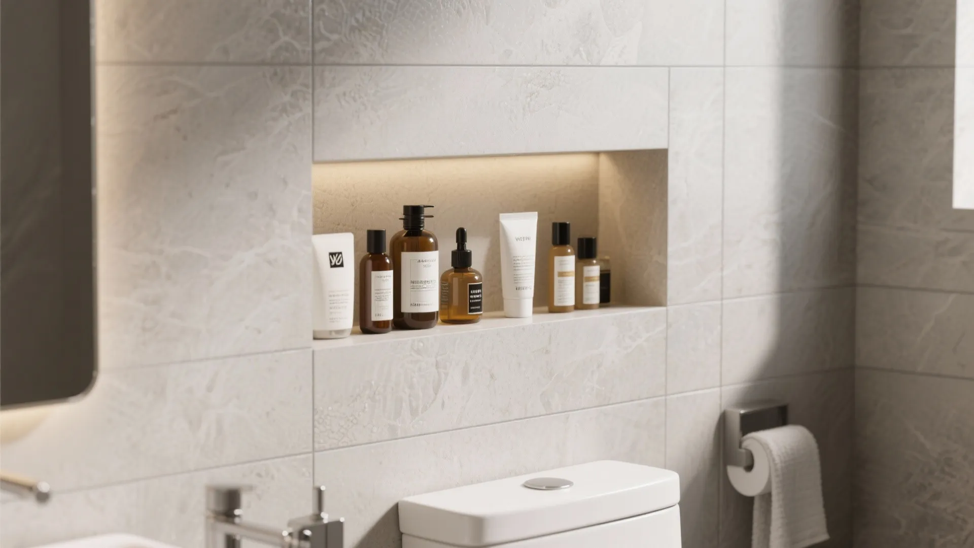 Close up of a bathroom wall shelf with light bottles of soap and white tiles