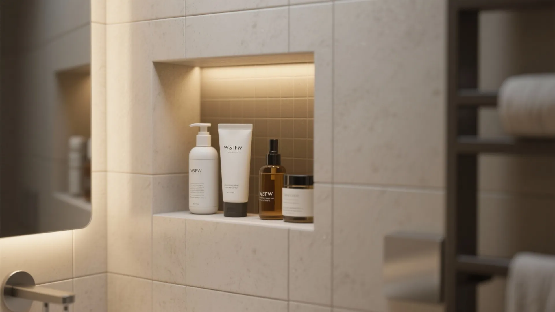 Tiled bathroom wall niche with warm light holding skin care bottles and modern shower products
