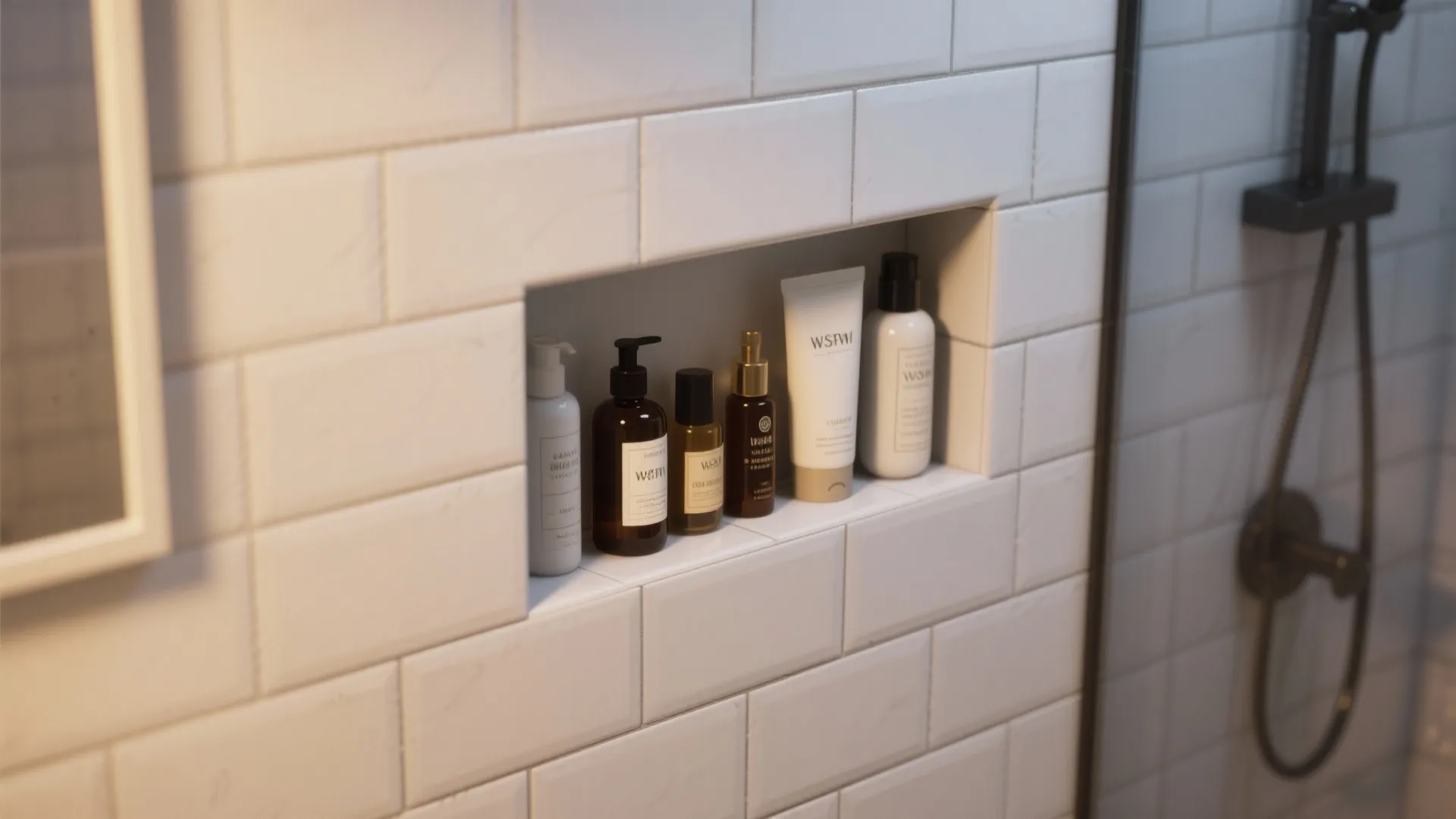 Detail of a built-in storage niche with white subway tiles
