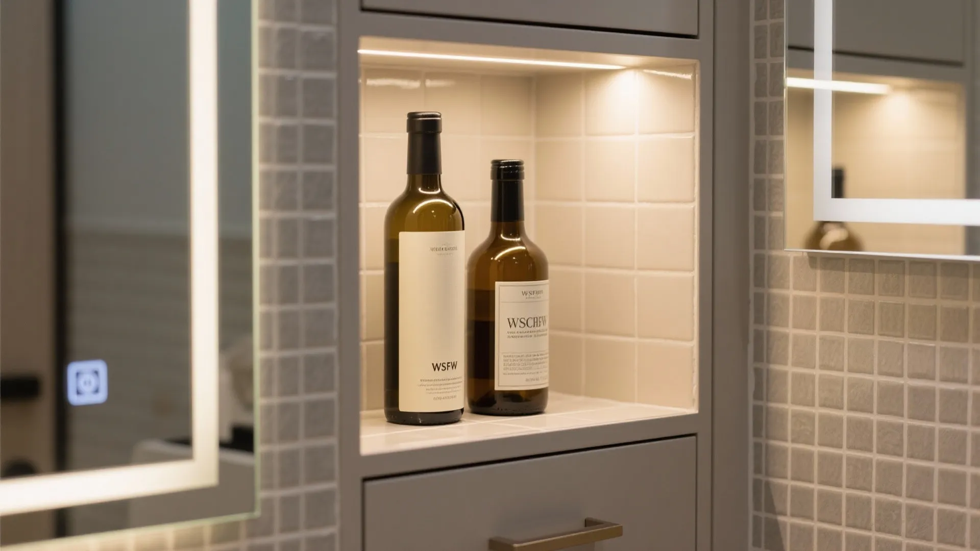 Close up of bathroom wall niche with light warm shelf holding two brown glass bottles