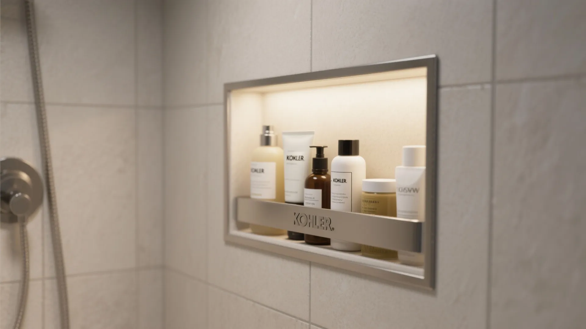 Built-in shower storage niche with metal trim holding toiletries