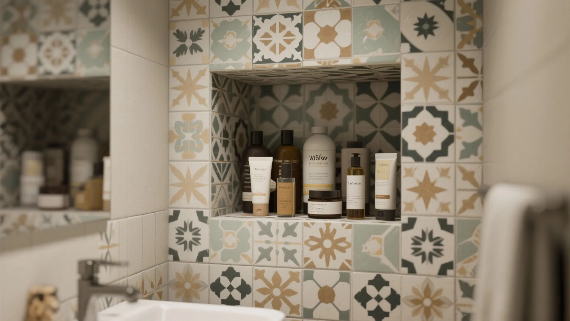 Bathroom wall niche with colorful patterned tiles holding several bottles of soap and skin care