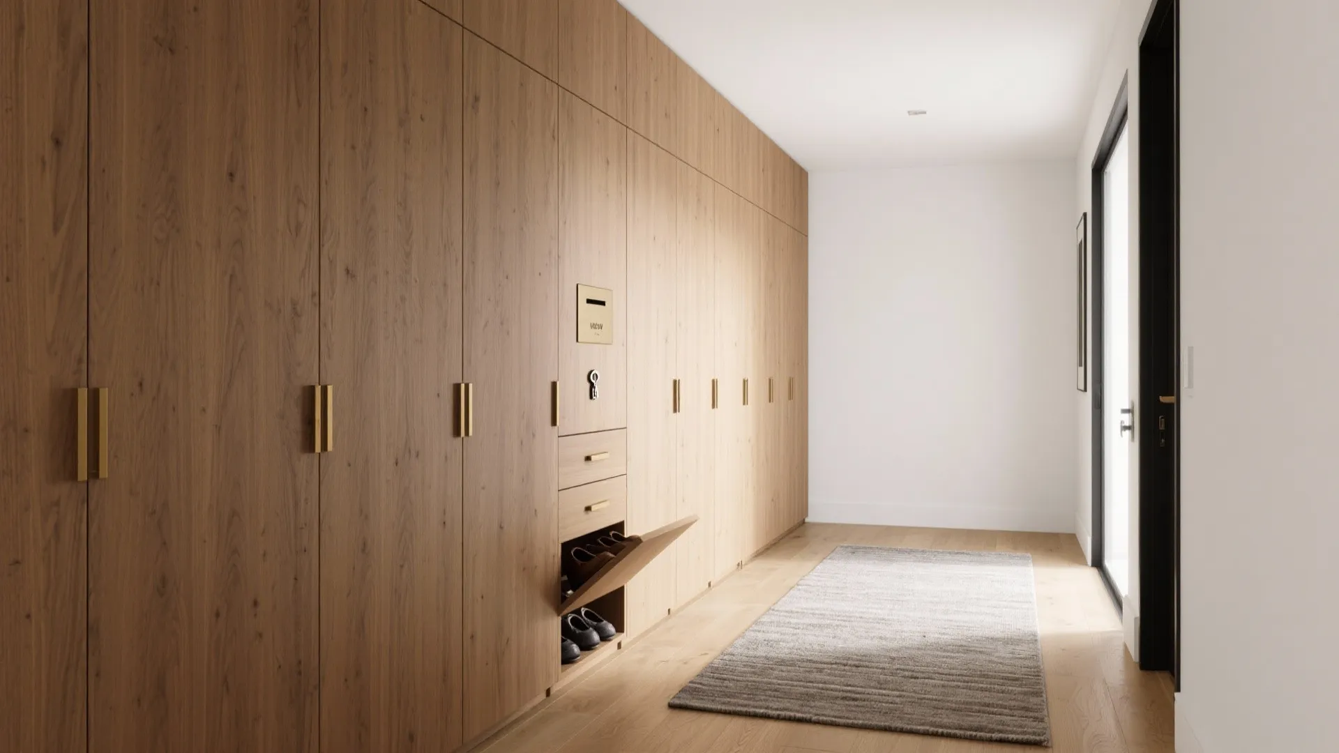 Large wooden wall cabinet in a bright hallway with shoe storage and a floor rug
