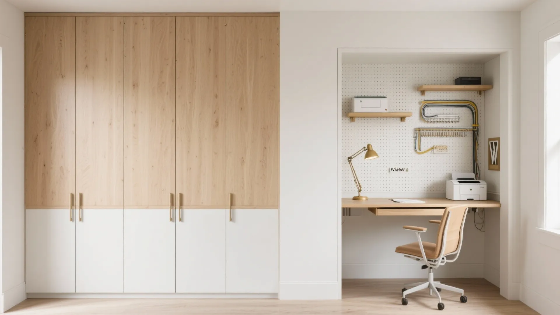 A storage wall that hides a home office
