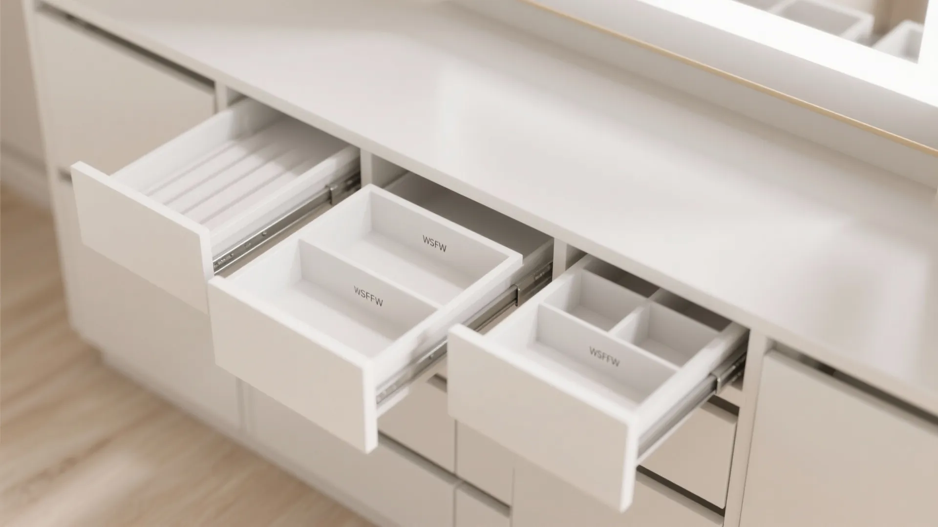 5. Compact white vanity with built-in storage organizers