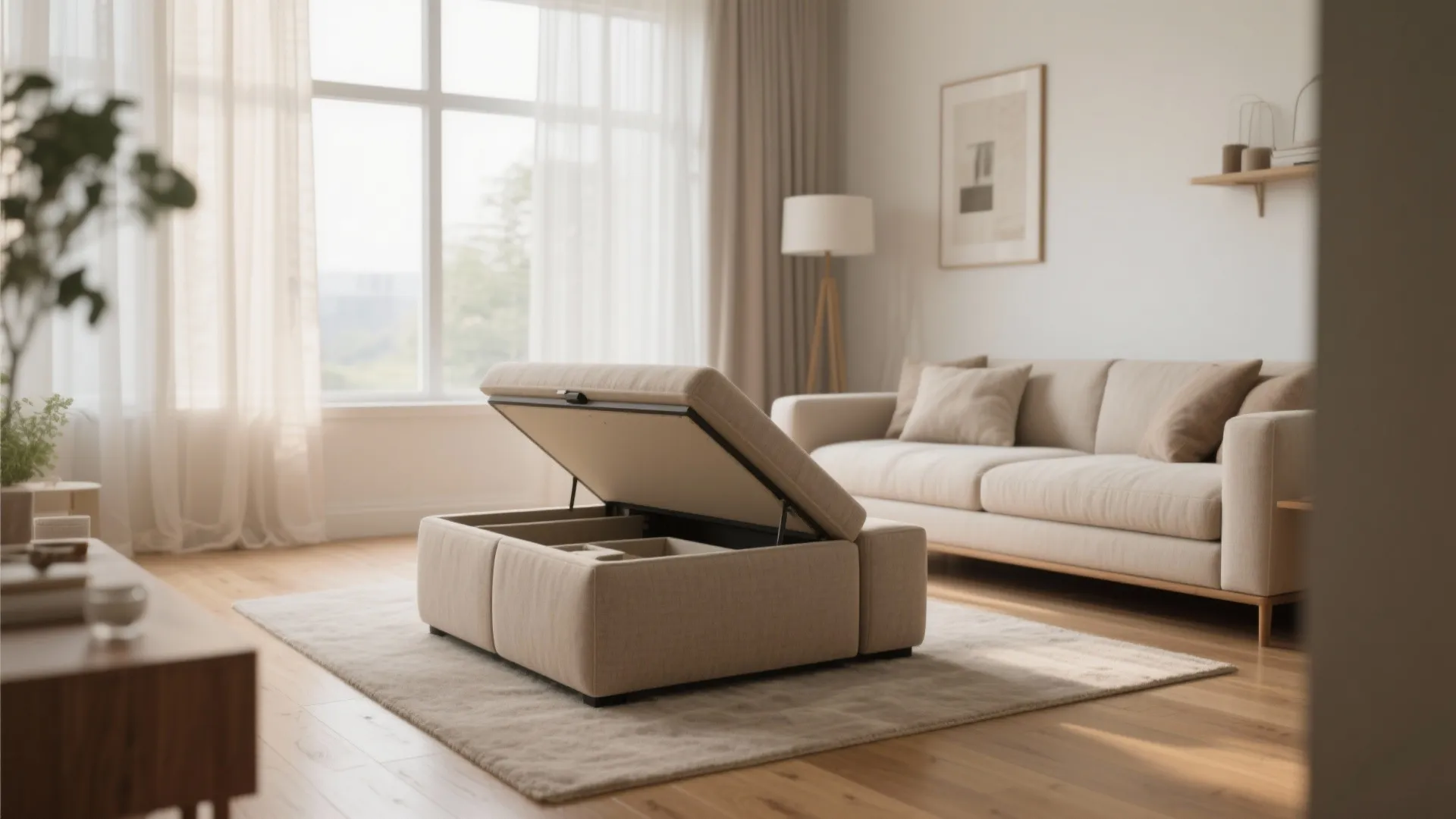 Neutral square ottoman with hidden storage in cozy living room