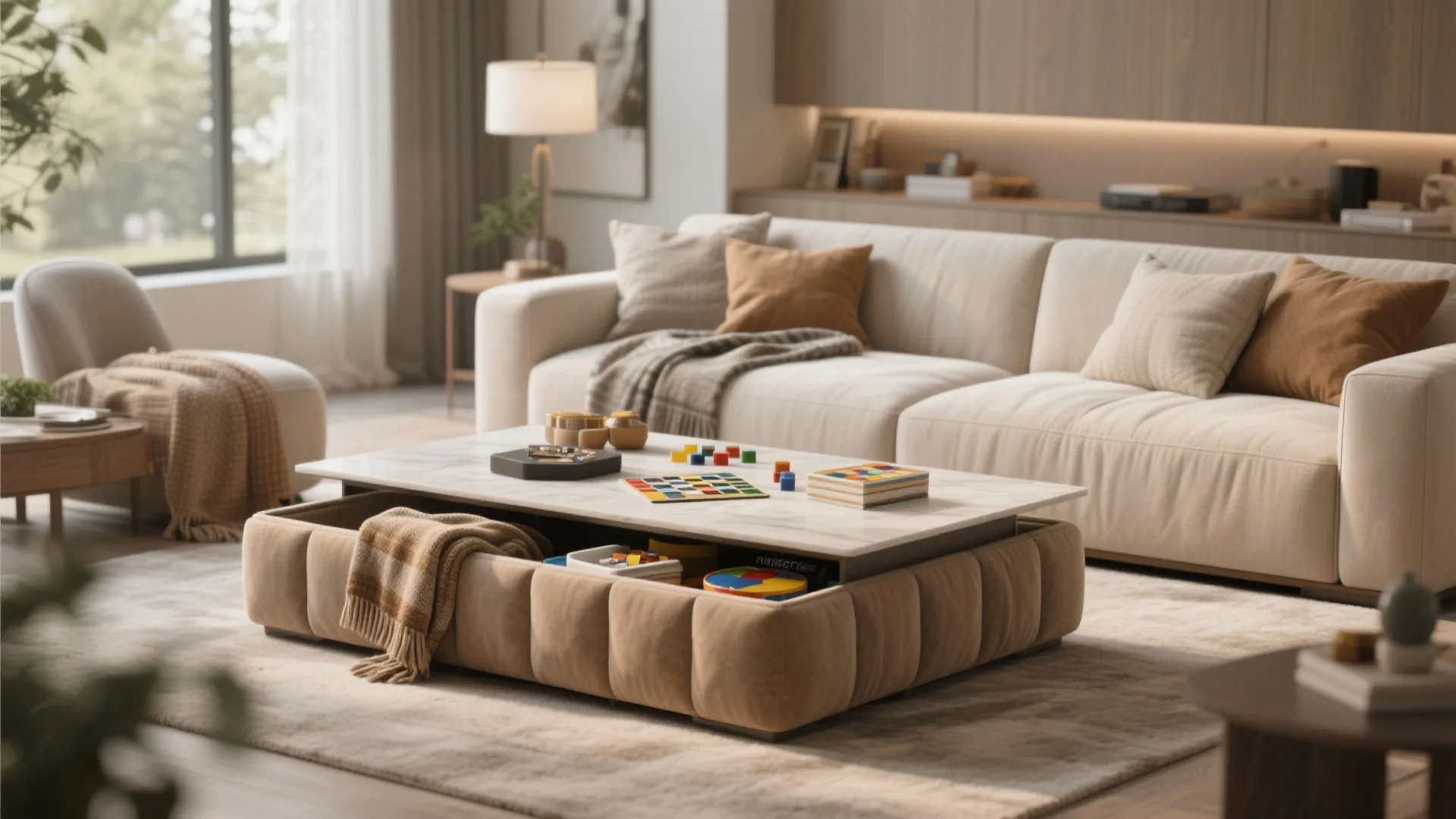 Cozy living room with fabric storage ottoman as coffee table