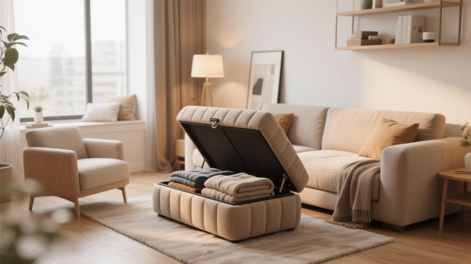 Open storage footrest containing folded blankets placed on a rug in a bright modern room