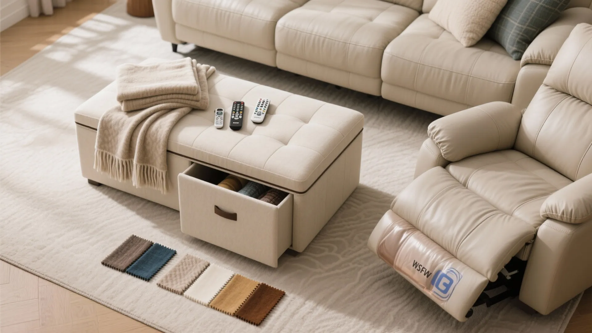 Storage ottoman with blankets and remotes in flat lay style
