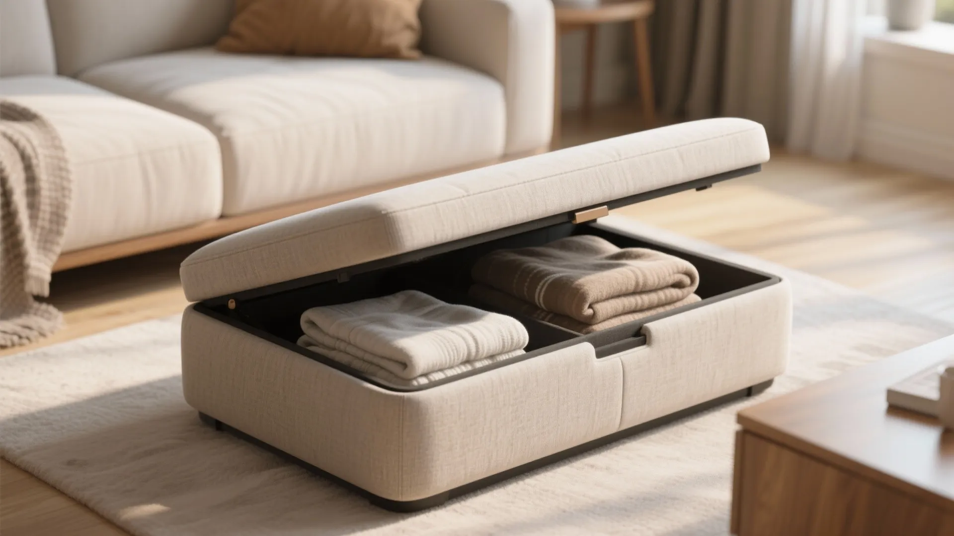 Cream storage footrest open with folded towels inside placed on a rug in living room