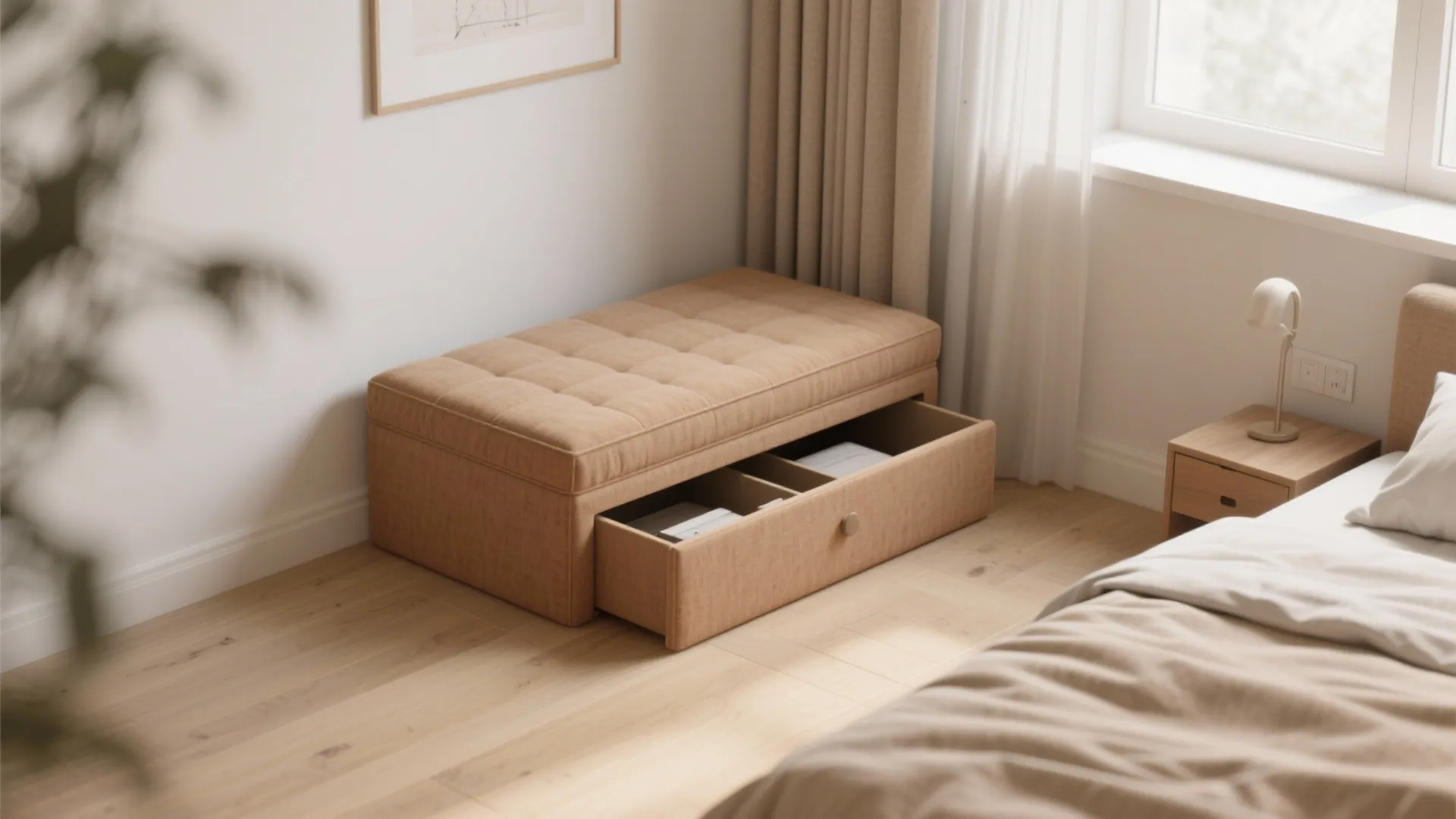 A tan fabric footrest with an open drawer for storage placed on a wooden floor