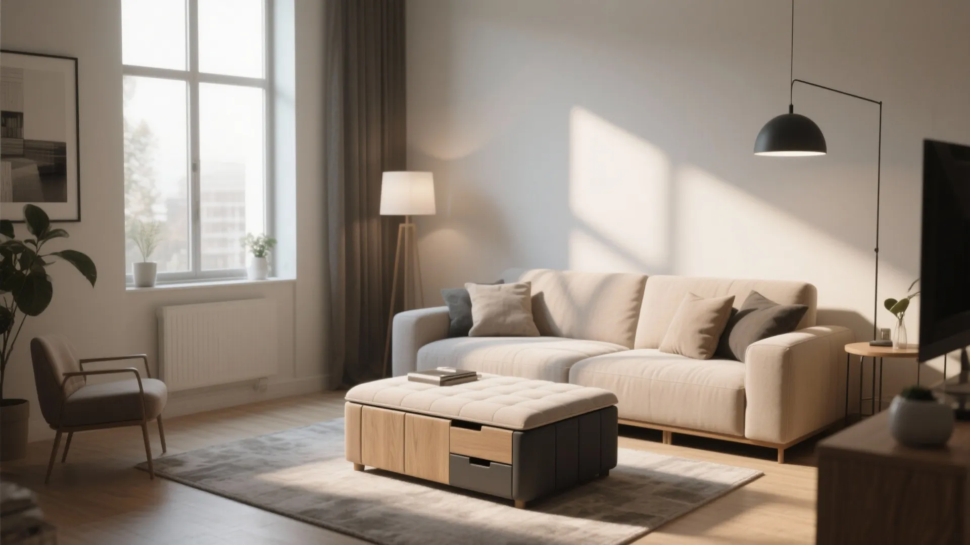 Modern living room featuring a beige sofa wooden footrest grey rug and large floor lamp