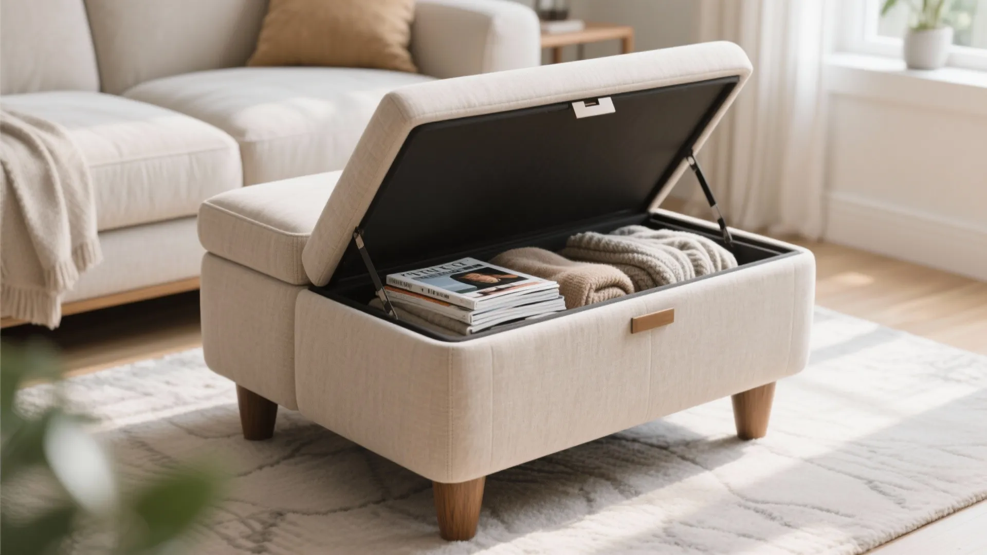 Beige footrest with an open lid showing stored magazines and folded blankets inside the compartment