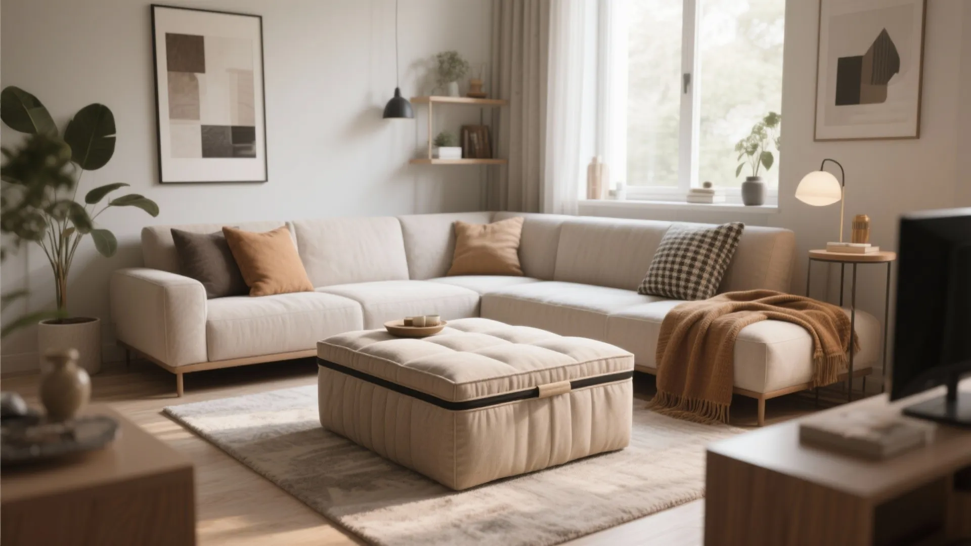 Living room with beige sofa, square footrest, brown pillows, wall art, and side table lamp