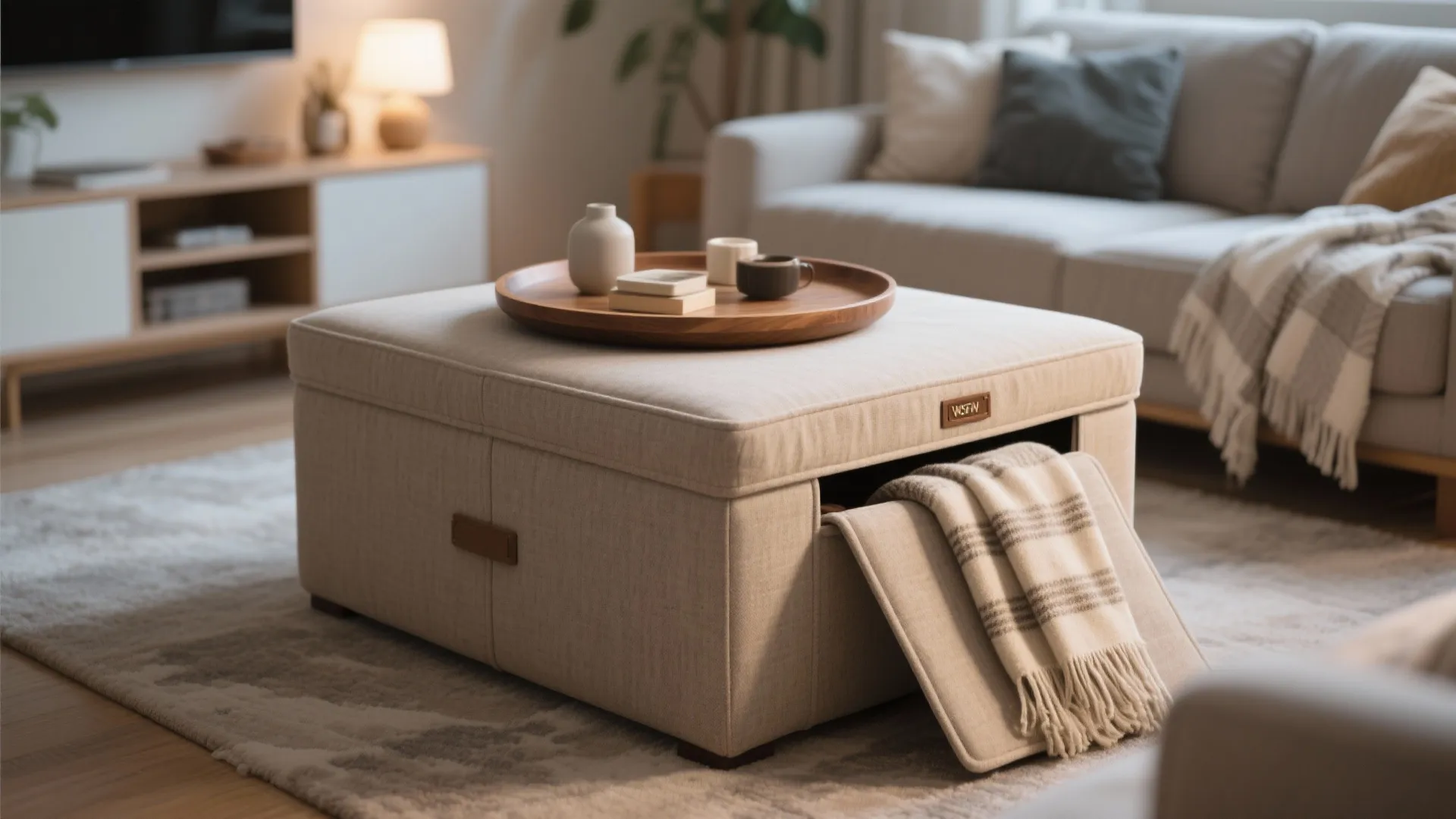 Beige footrest with storage compartment holding a blanket next to a sofa and wooden tray