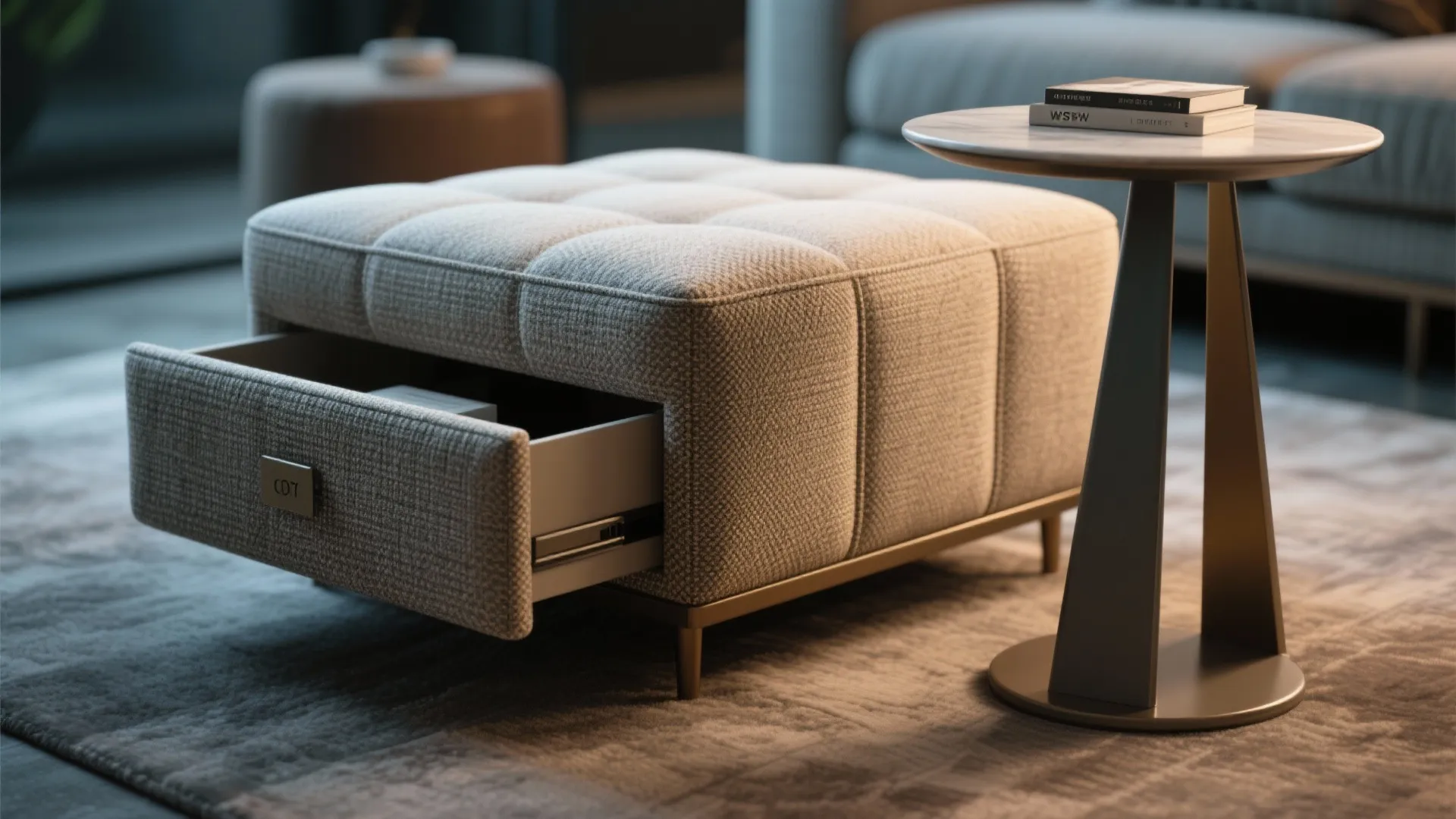 Modern grey fabric footrest with an open storage drawer next to a small side table