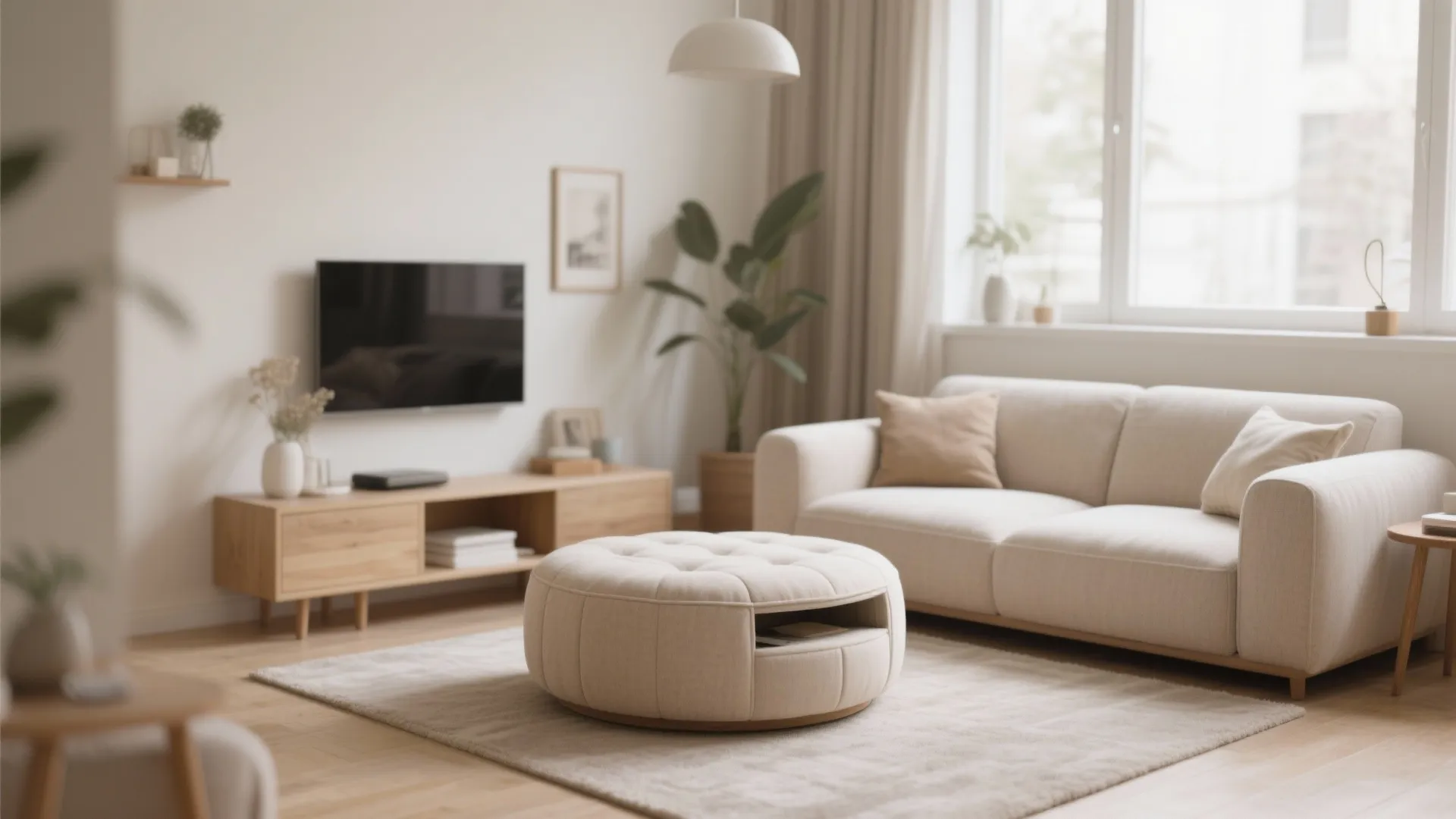 Minimalist living room with beige sofa round footrest light wood floor and large bright windows