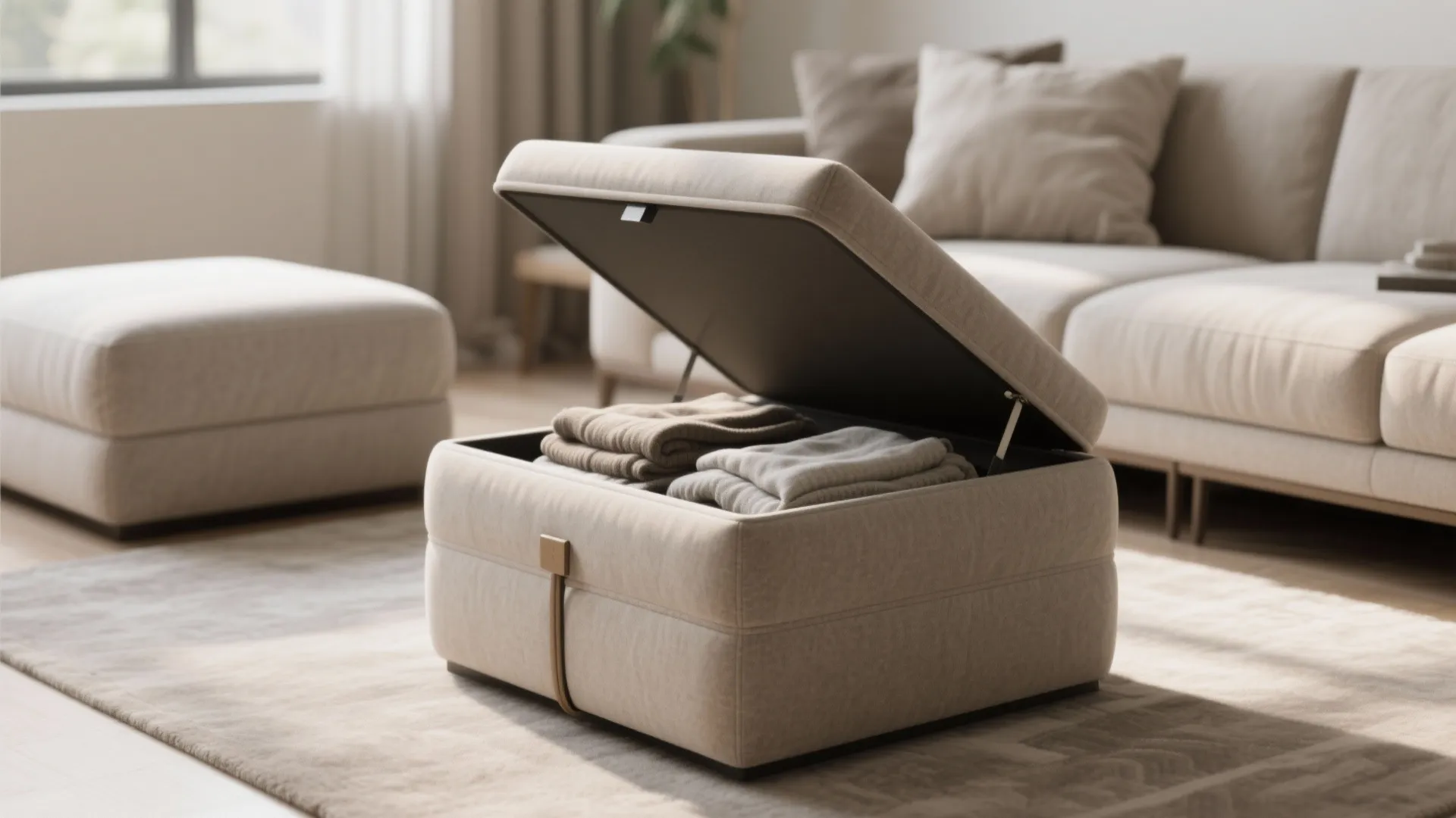 Open beige footrest with storage space for blankets inside a modern living room with soft rug