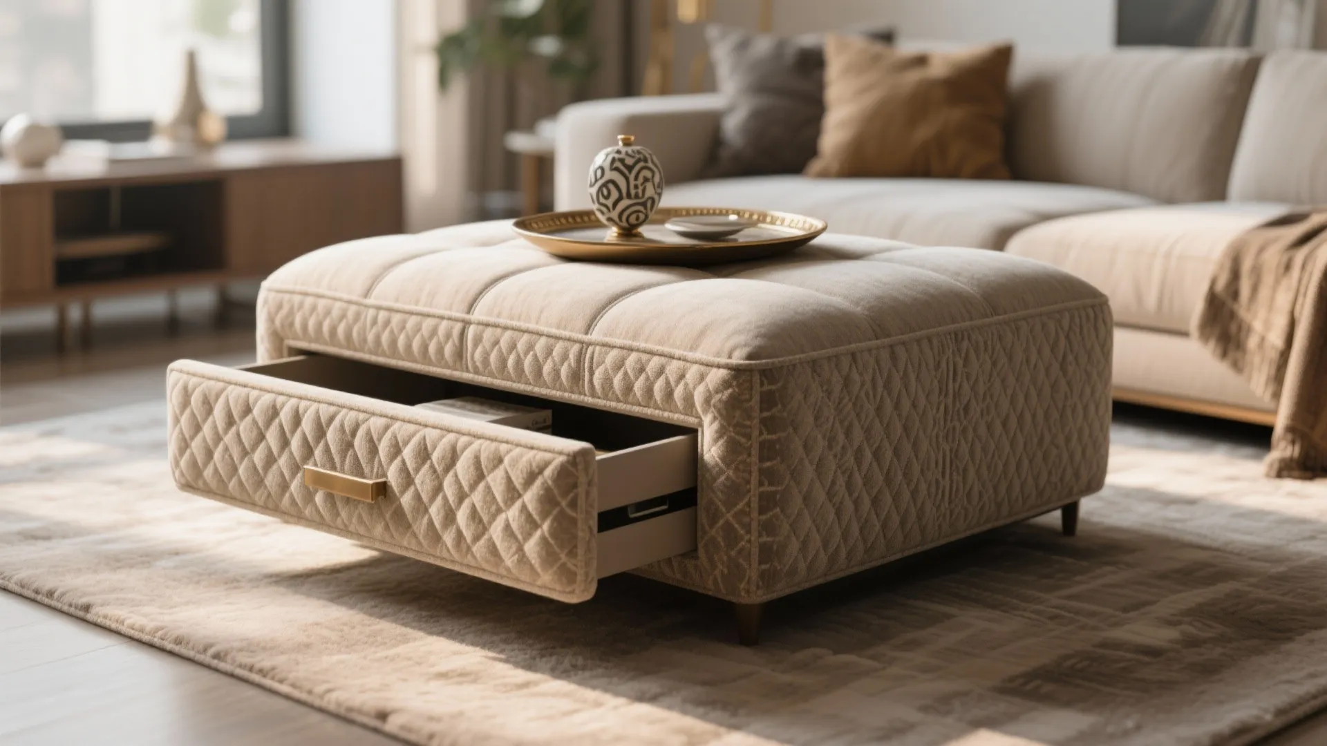 Cream fabric footrest with open storage drawer containing books in a modern bright living room