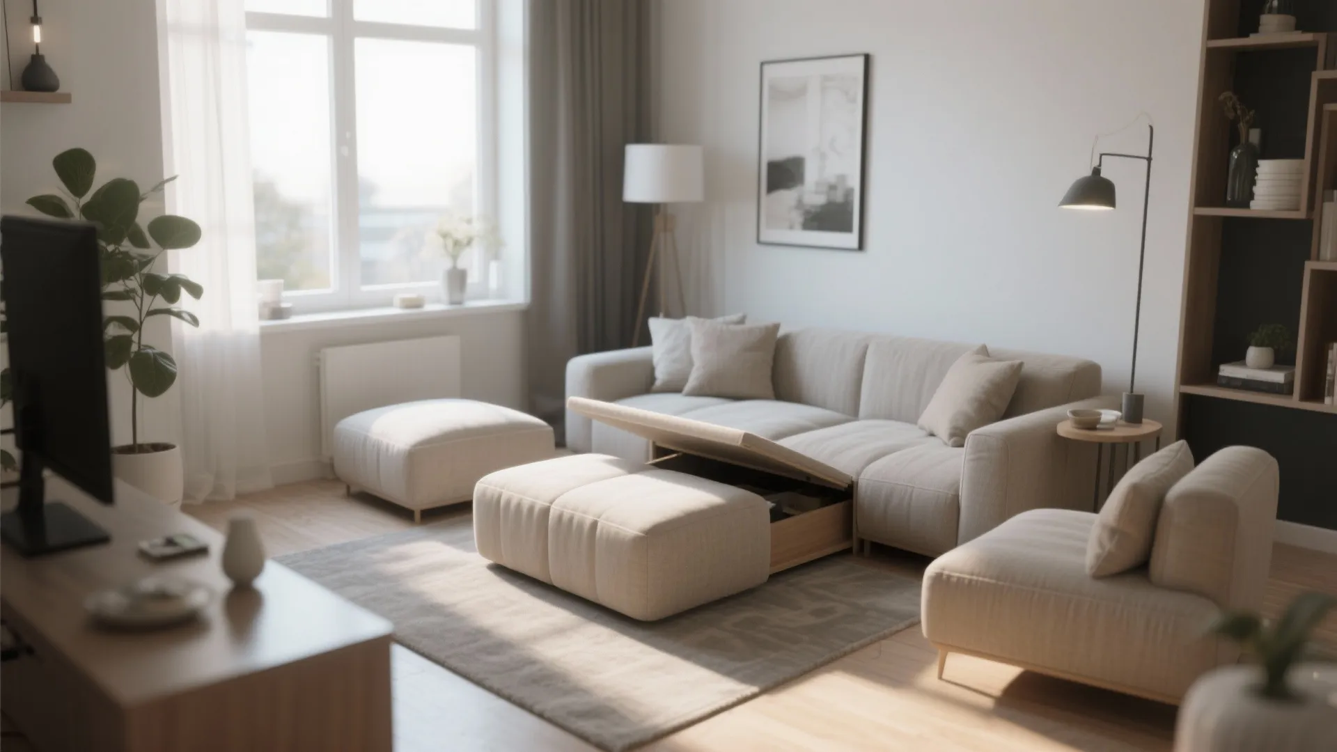 Bright living room with beige sofa and functional storage footrest with open lid on rug