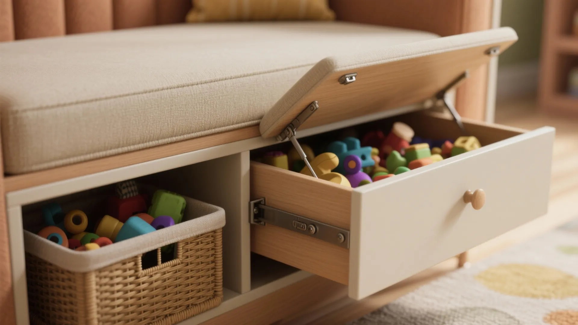 Modern wood storage bench with open drawer and basket filled with colorful children plastic toys