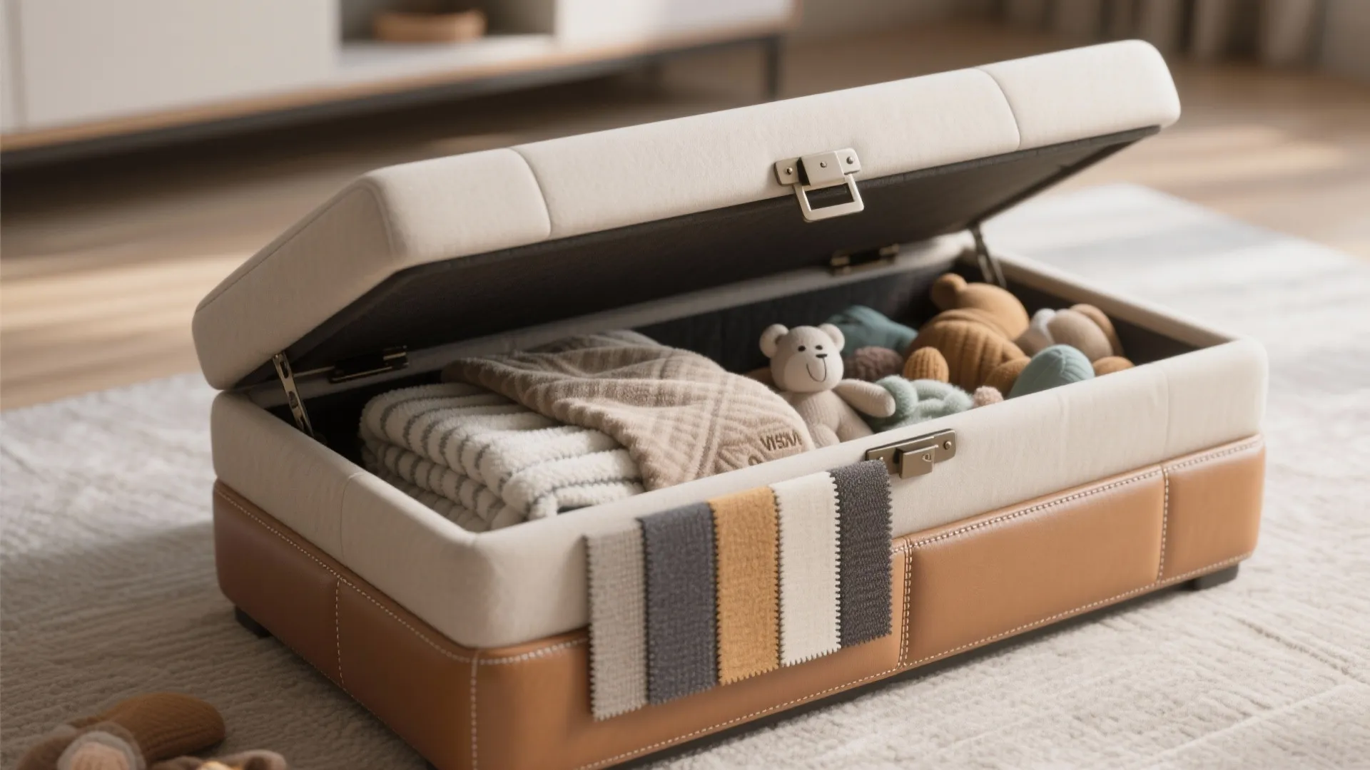 Top-down view of an open storage ottoman, convertible bench hinge detail, and fabric swatches for durable upholstery.