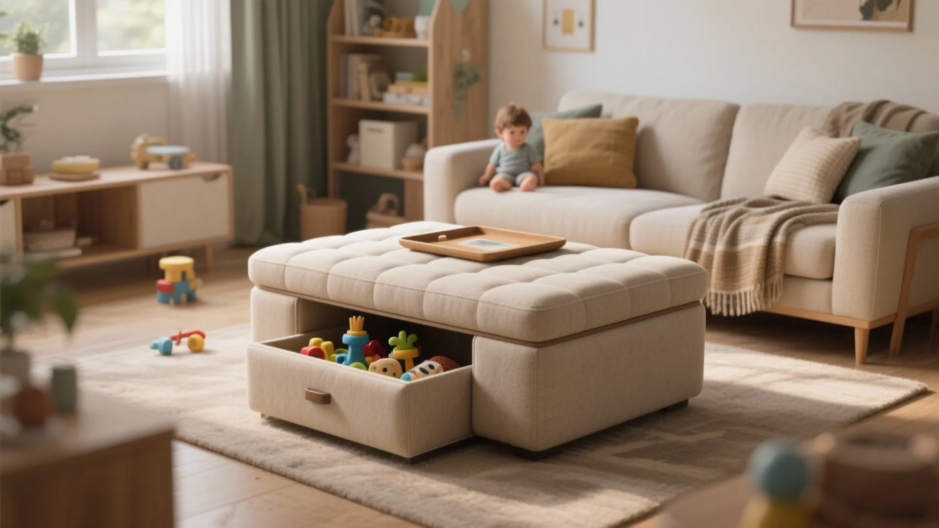 Beige fabric footrest with open drawer filled with colorful toys in a bright living room
