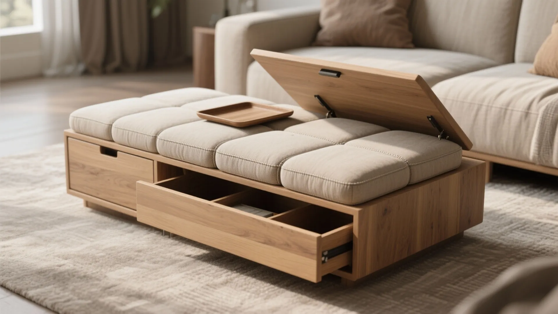 Wooden footrest with open storage compartments and a lifted cushioned seat in a living room