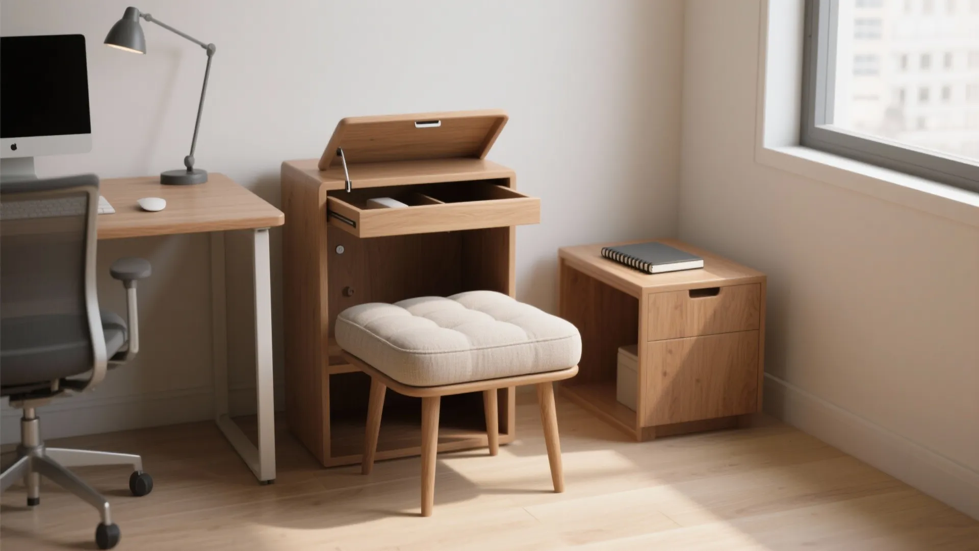 Wooden storage cabinet with open drawer and a beige cushioned footrest in a modern workspace
