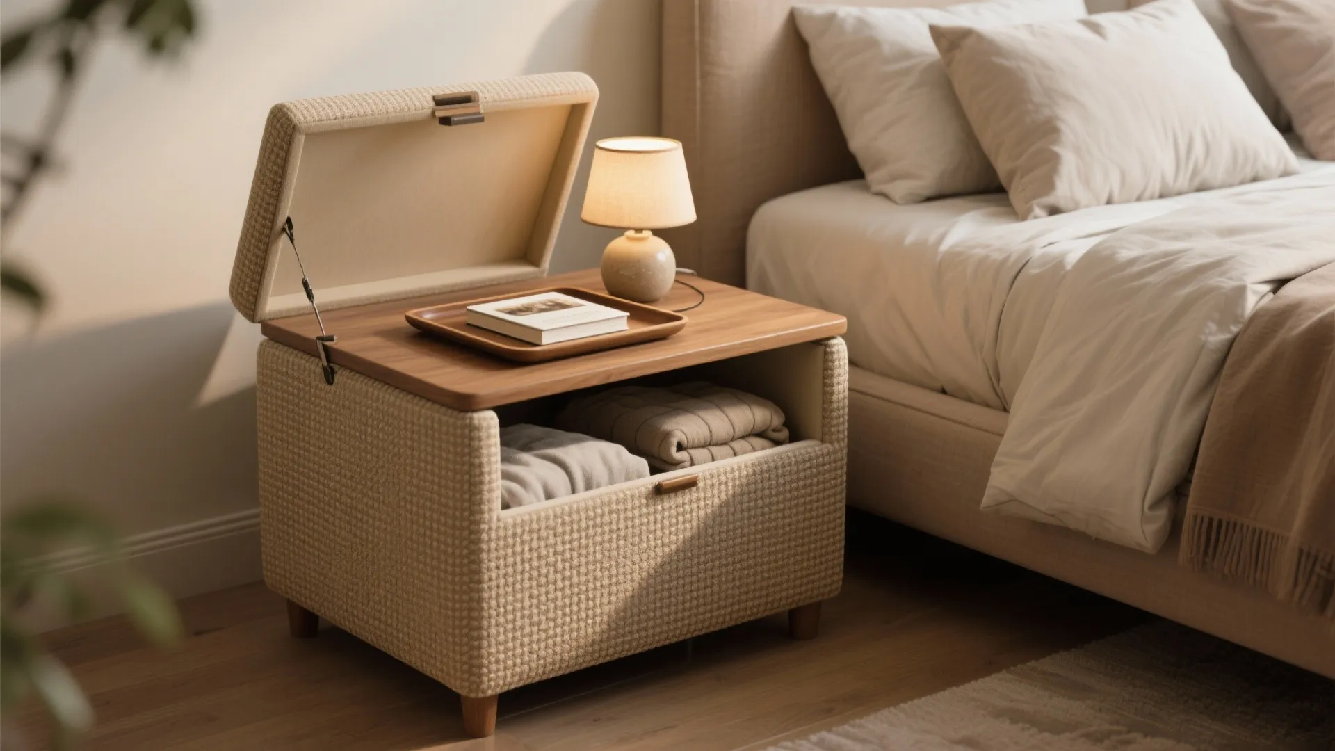 Fabric storage footrest with wooden top used as a bedside table showing clothes inside storage