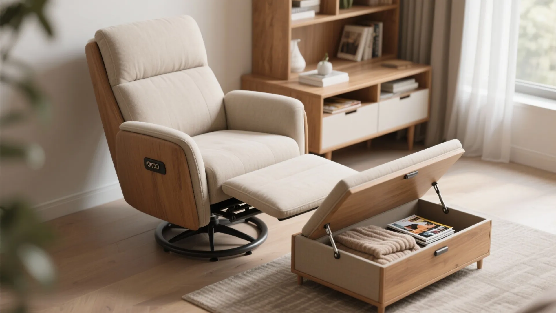 Cozy living room corner featuring a beige lounge chair next to an open storage footrest box