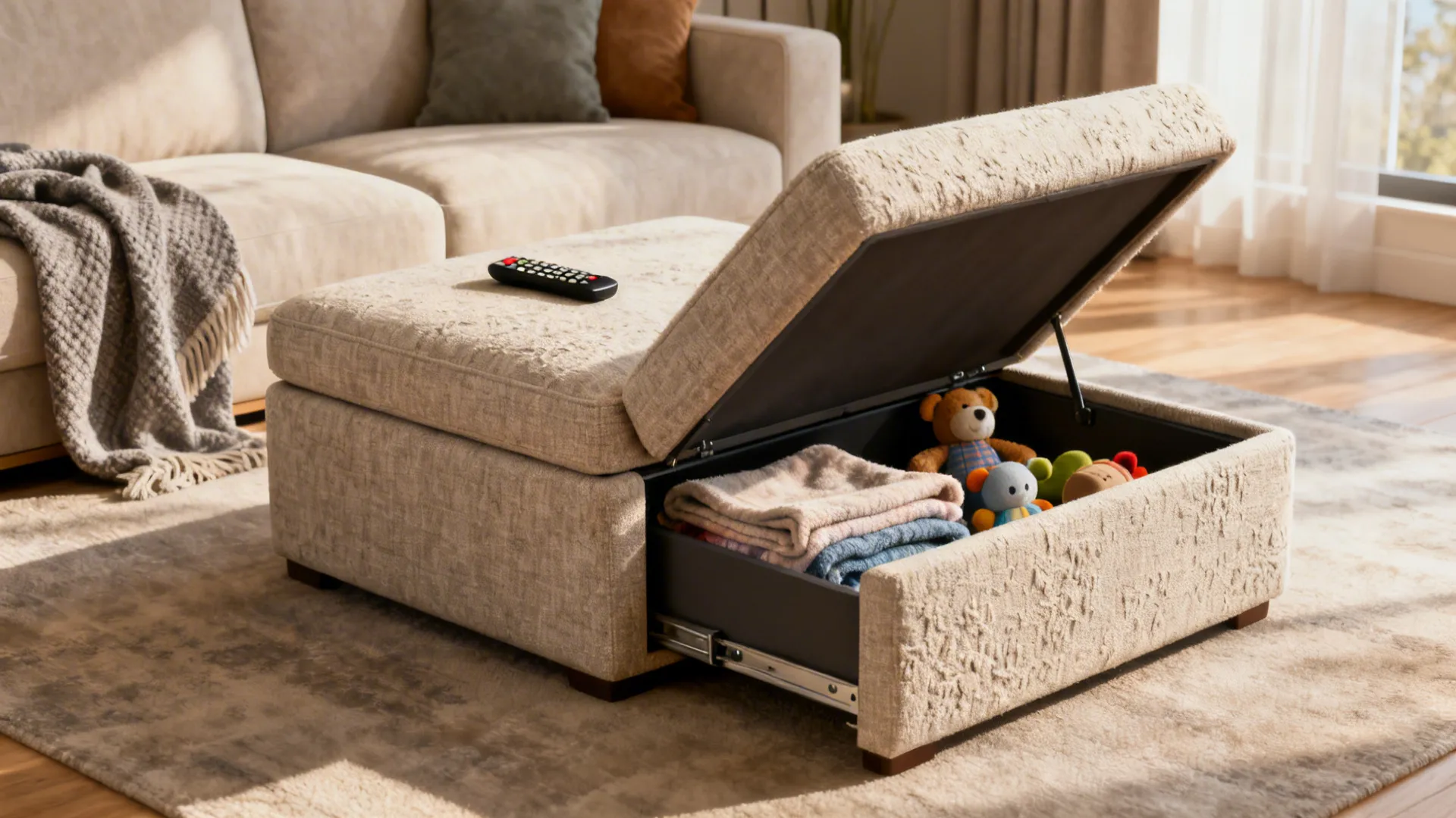 Upholstered storage ottoman side table with lift-top showing hidden blankets inside in a small living room.
