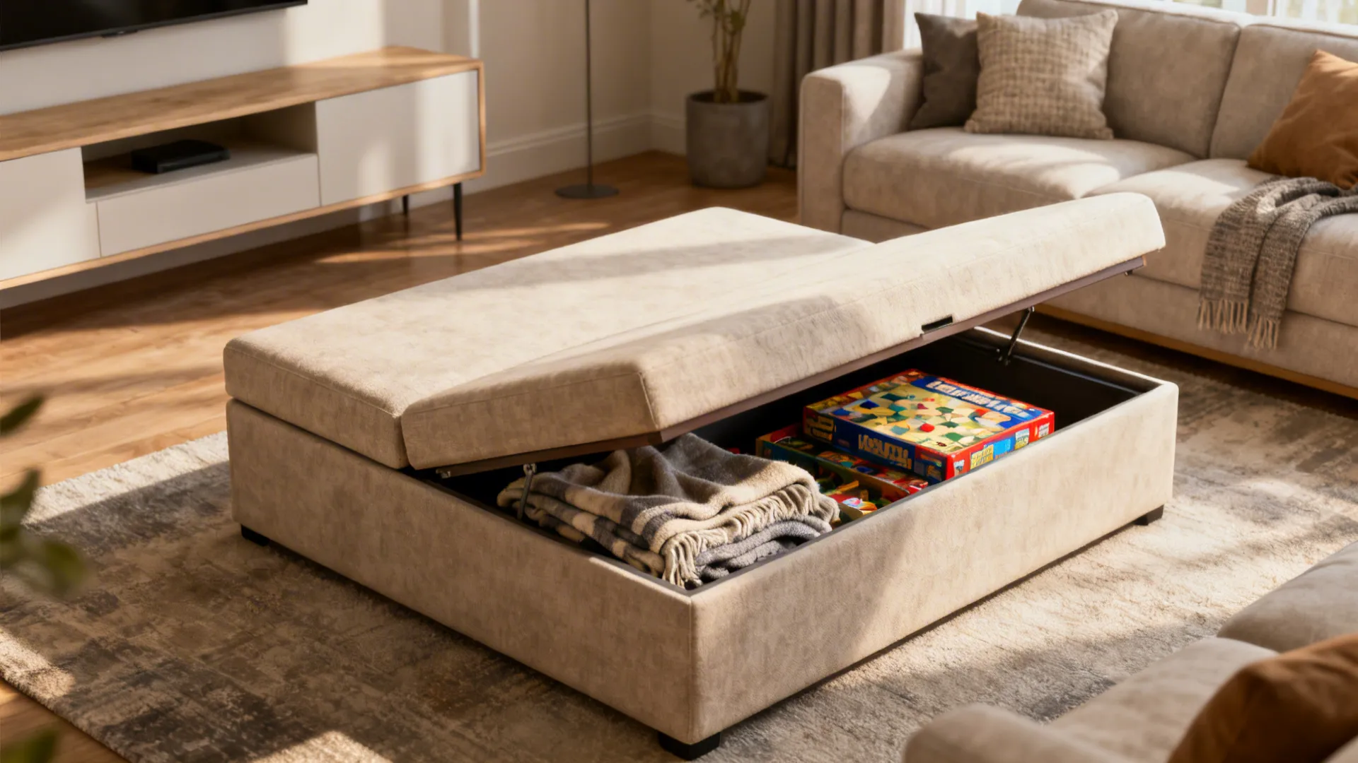 Lift-top storage ottoman serving as focal coffee surface in a compact studio living room